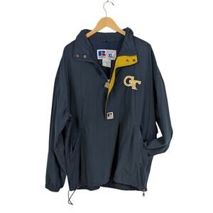 Vtg Georgia Tech 1/2 Zip Pullover Jacket XL Blue 90s Logo Windbreaker GT Hood